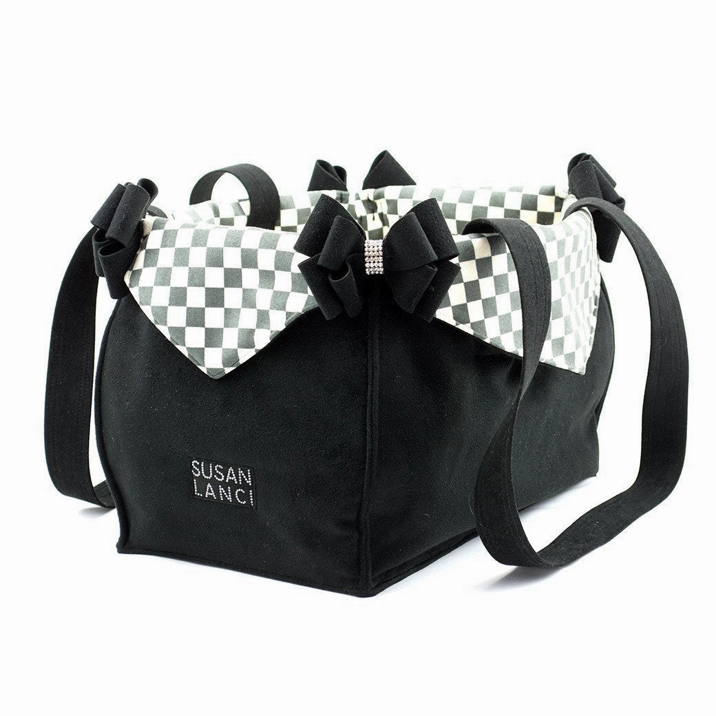 Black Double Nouveau Bow Luxury Dog Carrier with Windsor Check Flaps
