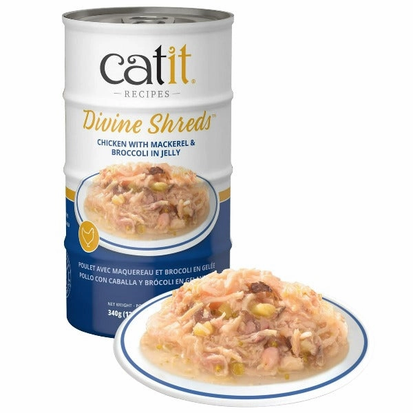 Catit Divine Shreds Chicken with Mackerel & Broccoli in Jelly Canned Cat Food Topper 4-Pack