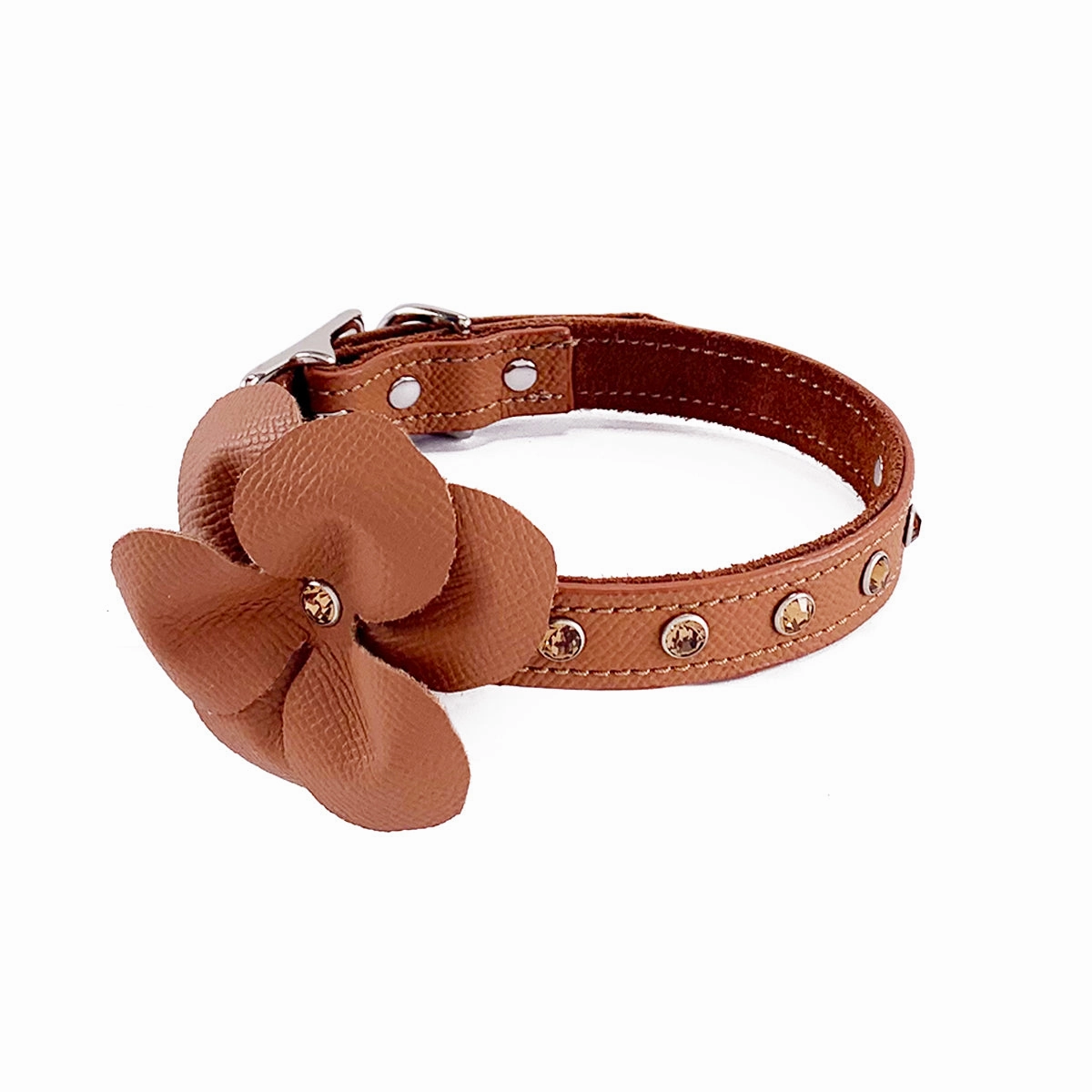 Colima Classic Rhinestone Leather Dog Flowerette Slider Hazelnut