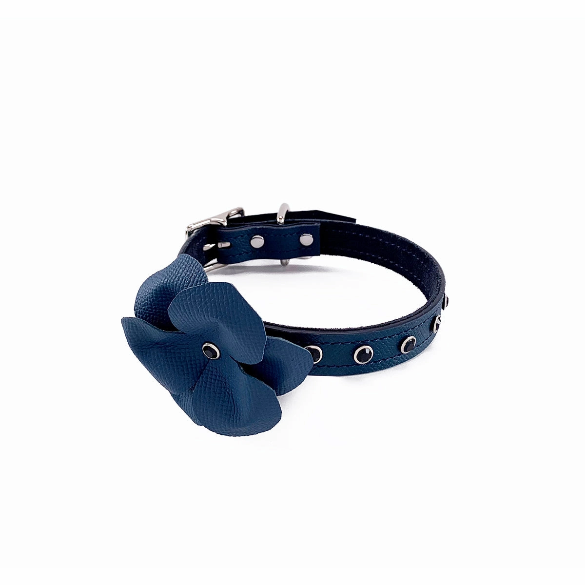Colima Classic Rhinestone Leather Dog Flowerette Slider Orion Blue