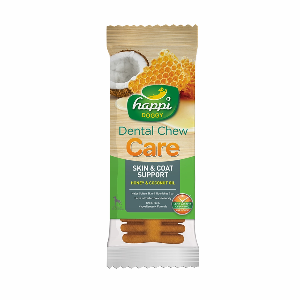 Happi Doggy Dental Chew Care Hard Chew Skin & Coat Support Honey & Coconut Oil Regular 25g