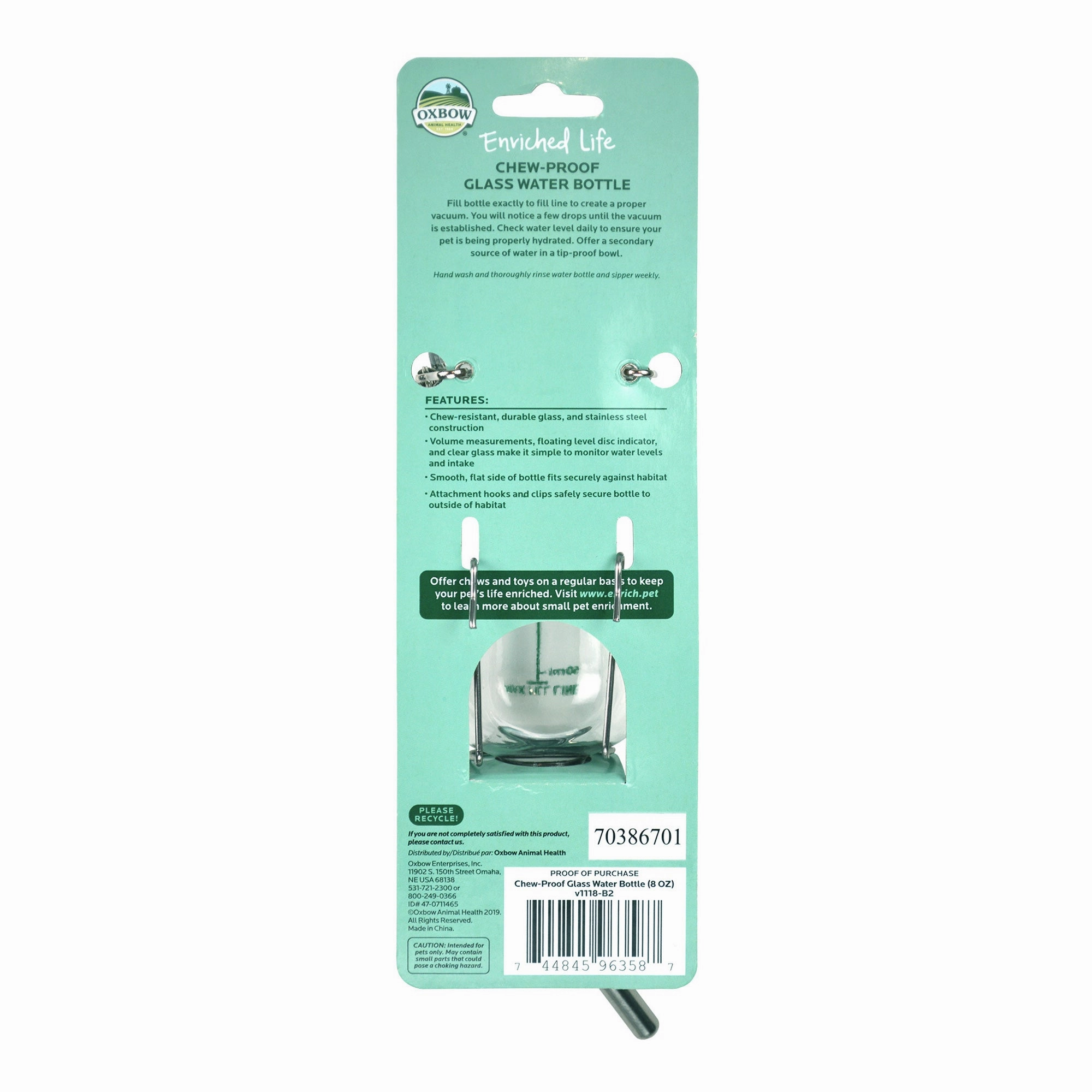 Oxbow Chew Proof Water Bottle 8 oz for Small Pets