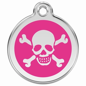 Stainless Steel And Enamel Skull And Crossbones Hot Pink Dog ID Tag