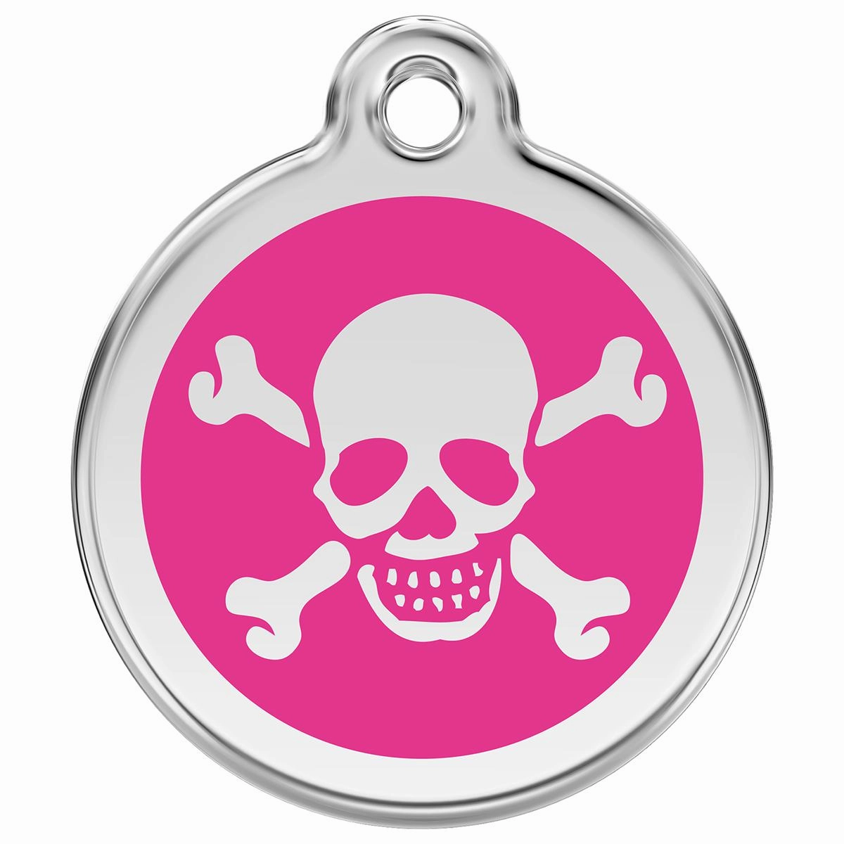 Stainless Steel And Enamel Skull And Crossbones Hot Pink Dog ID Tag