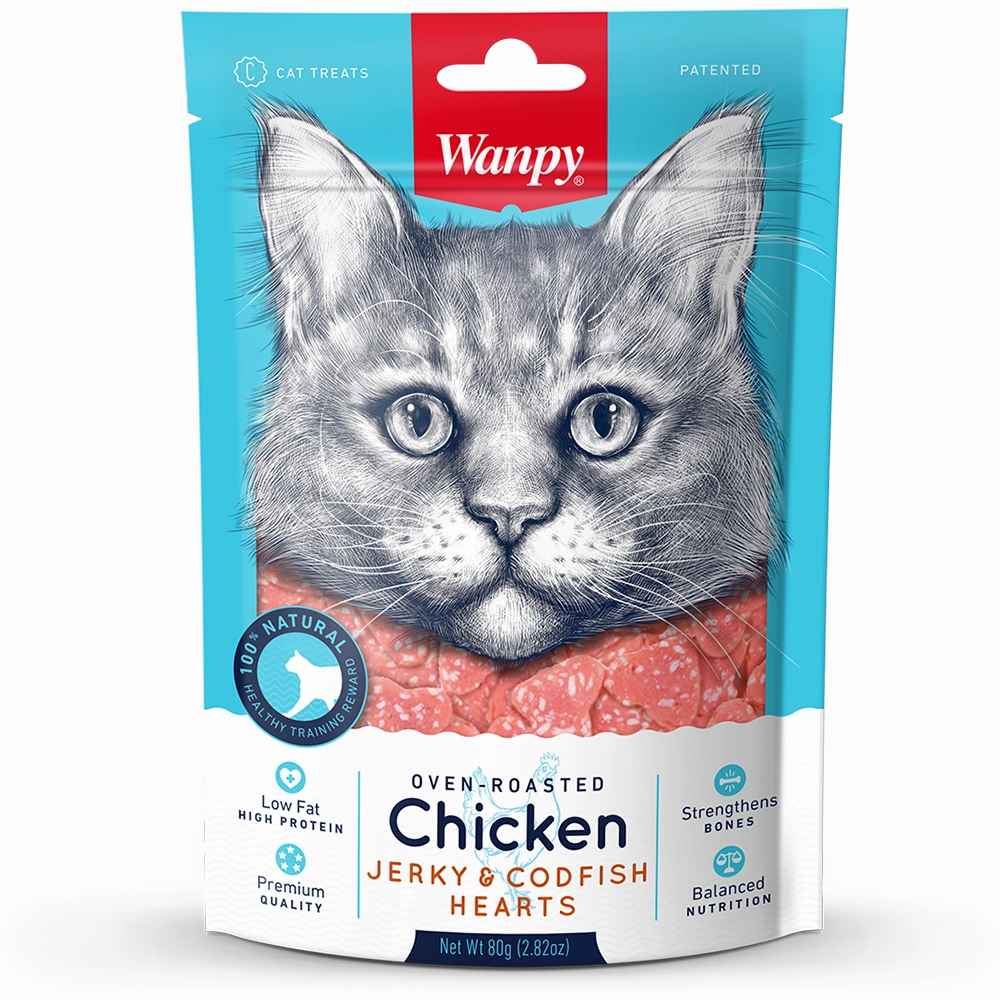 Wanpy Cat Oven-Roasted Chicken Jerky & Codfish Hearts 80g