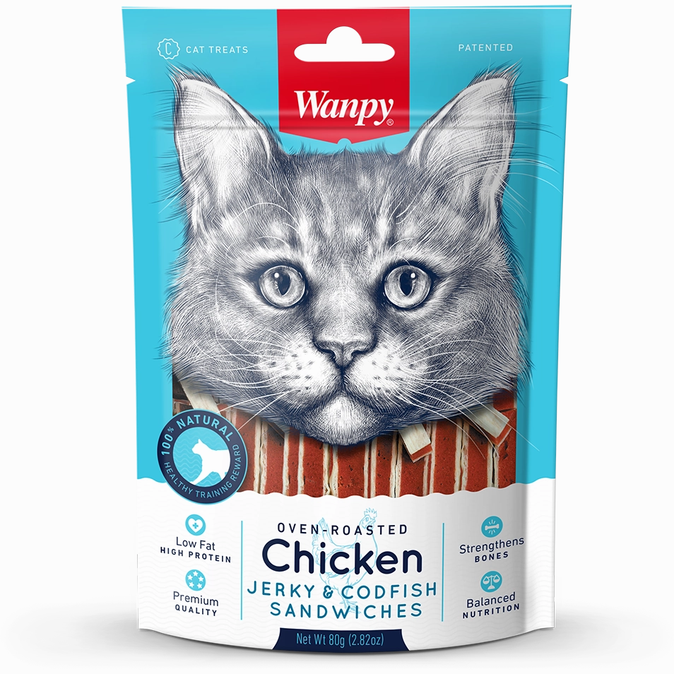 Wanpy Cat Oven-Roasted Chicken Jerky & Codfish Sandwiches 80g